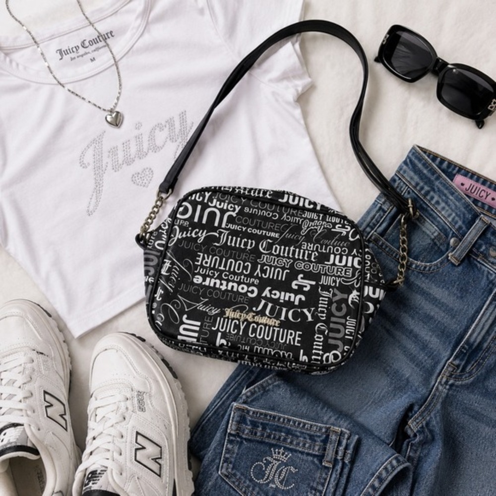 Juicy Couture Black White Monogram Crossbody Bag Y2K 2000s McBling Logo Purse